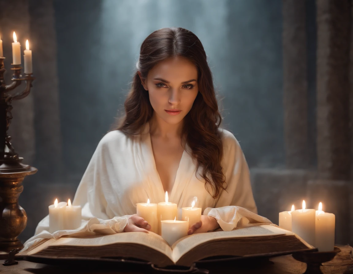 A beautiful magical woman in a white robe raised her hand, A circle of magic books scattered on the ground, Magic books and candles are placed around, Seven mirrors at different angles just above, Gloomy picture, vision, Depth of field, divine light, film grain, Optical illusion, Vignetting, Renaissance, Pre-Raphaelite Brotherhood, High detail, Back Shadow