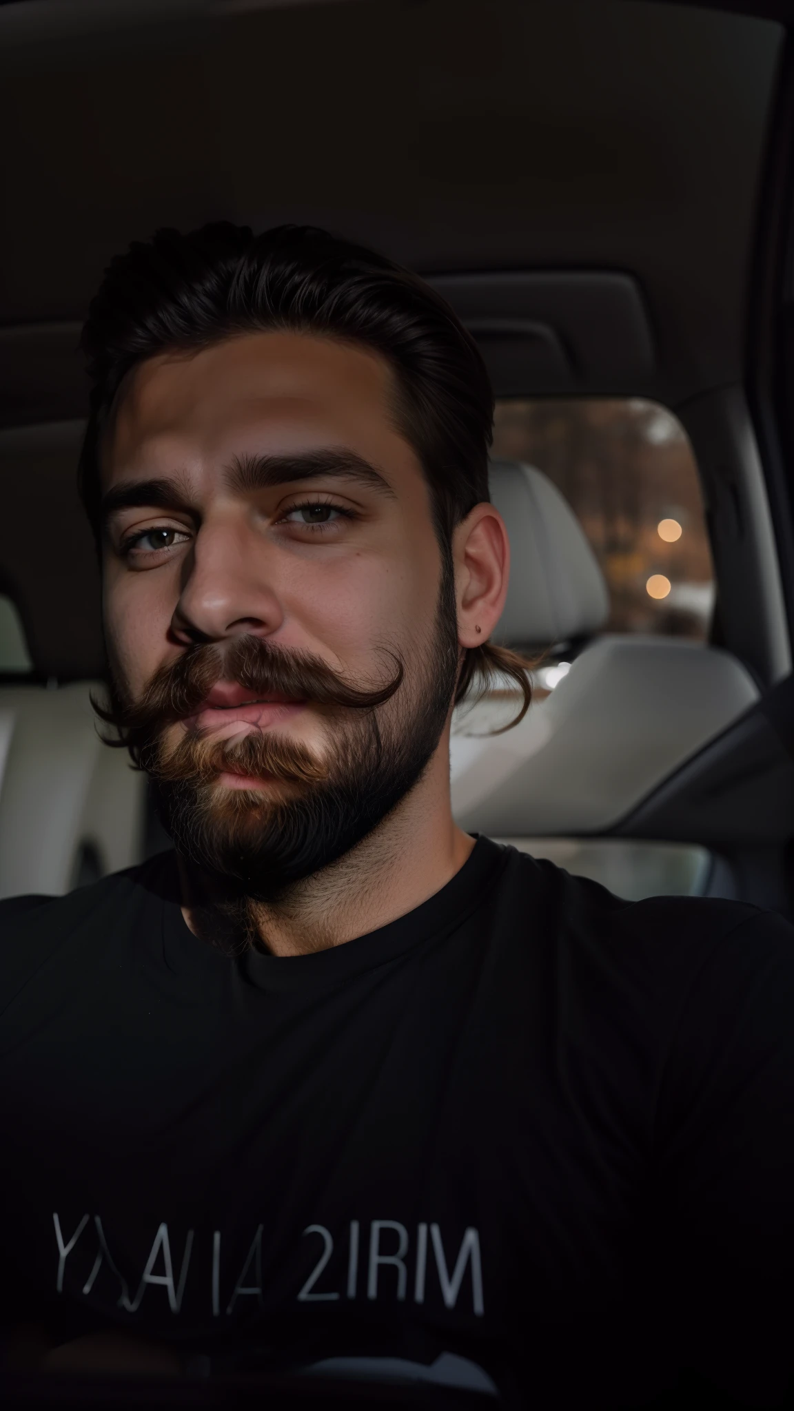 there is a man with a beard sitting in a car, very very low quality picture, he got a big french musctache, with a small beard, neat beard, light beard, taken in the early 2020s, facial hair, small beard, messy beard, short beard, bearded man, with a full black beard, with a beard and a black shirt