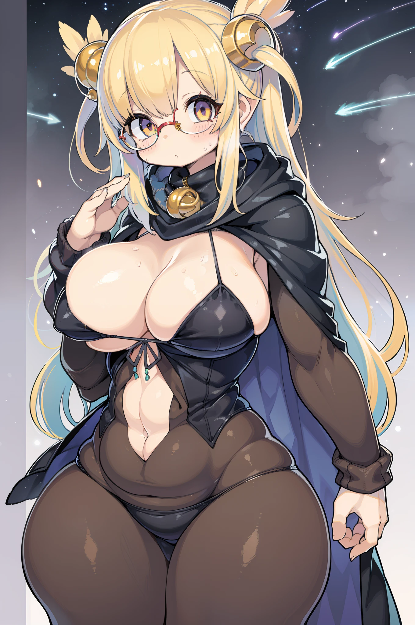 (masutepiece, of the highest quality, Best Quality, Official art, Beautiful and aesthetic:1.2), (1girl in), extremely detailed eye, (Fractal Art:1.3), Colorful, highest details, (Perfect face), Shiny skin, nffsw, (White cloak golden lines:1.2), Galaxy, (light streaks), striking visuals, (Dynamic streaks, luminous trails:1.2), Vibrant colors, (phoenix), (shenron)、huge-breasted、Big round glasses、bbw