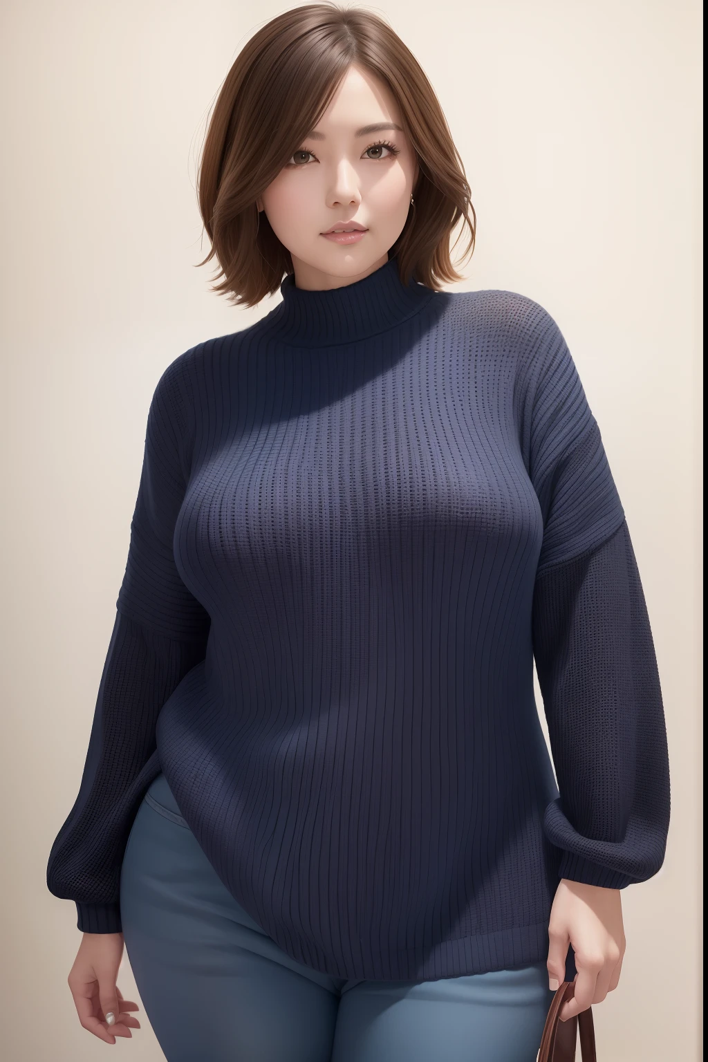 masutepiece, Best Quality, Photorealsitic, finely detail, hight resolution, 8K Painting Wall, Perfect dynamic composition, Beautiful detailed eyes, Chubby adult woman in sheer knitwear, bobhair, Look at viewers