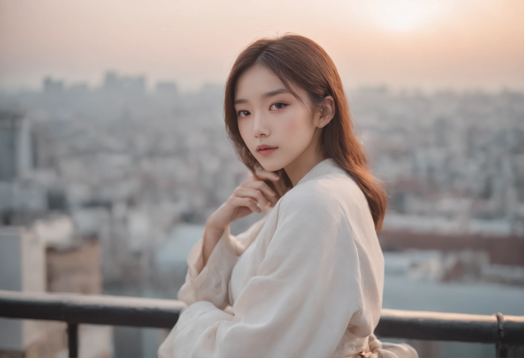 arafed woman standing on top of a building overlooking a city, ulzzang, korean girl, portrait of a japanese , dressed with long fluent clothes, 🤤 girl portrait, chiho, 奈良美智, portrait of jossi of blackpink, young asian girl, from 8 k matte, e-girl, e - girl
