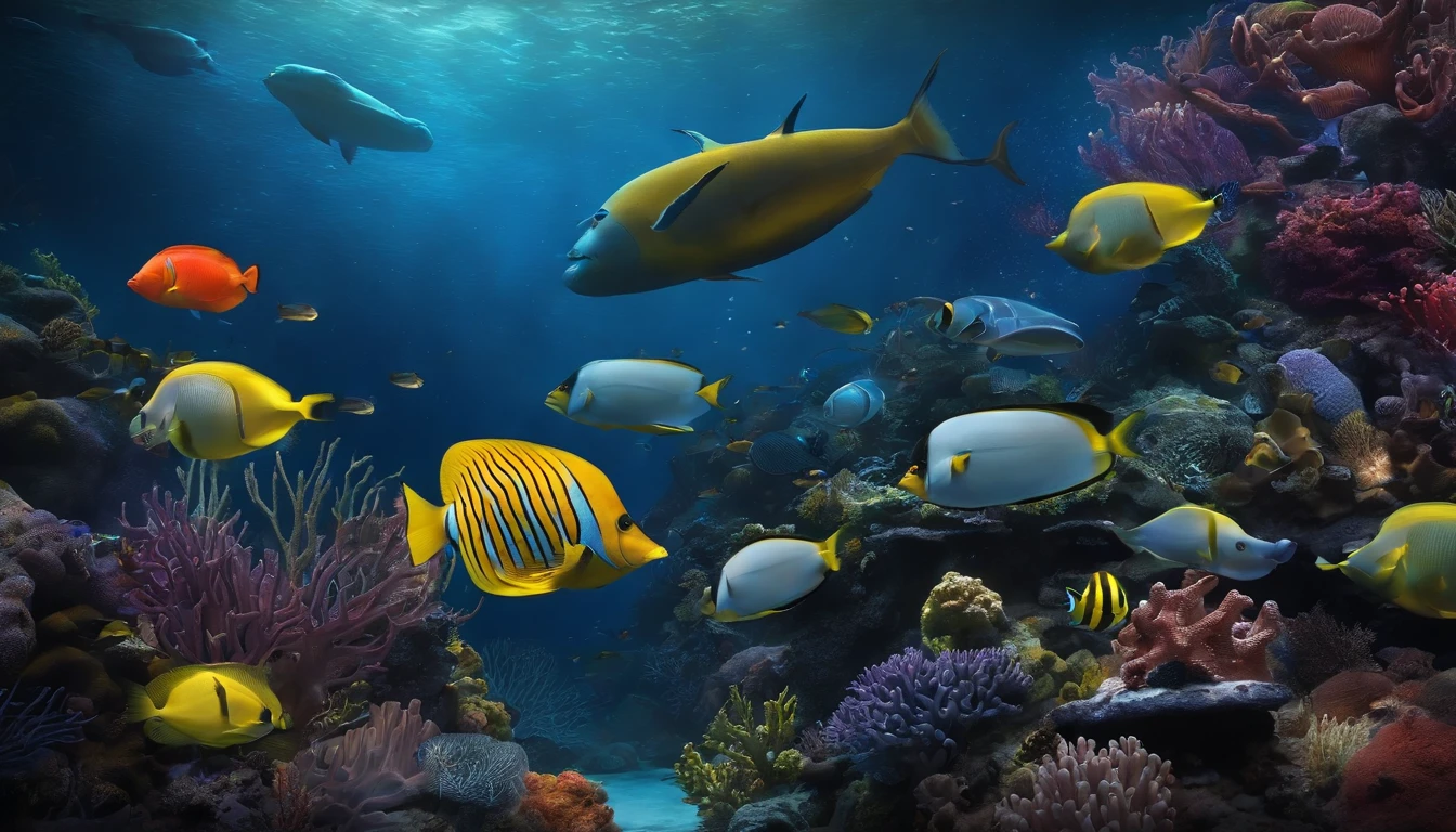 Dark night deep sea，Science fiction underwater world，Swim to schools of deep-sea fish in the distance，A variety of marine life，Collective，swirles，Splendid coral，The dark night underwater world of science fiction