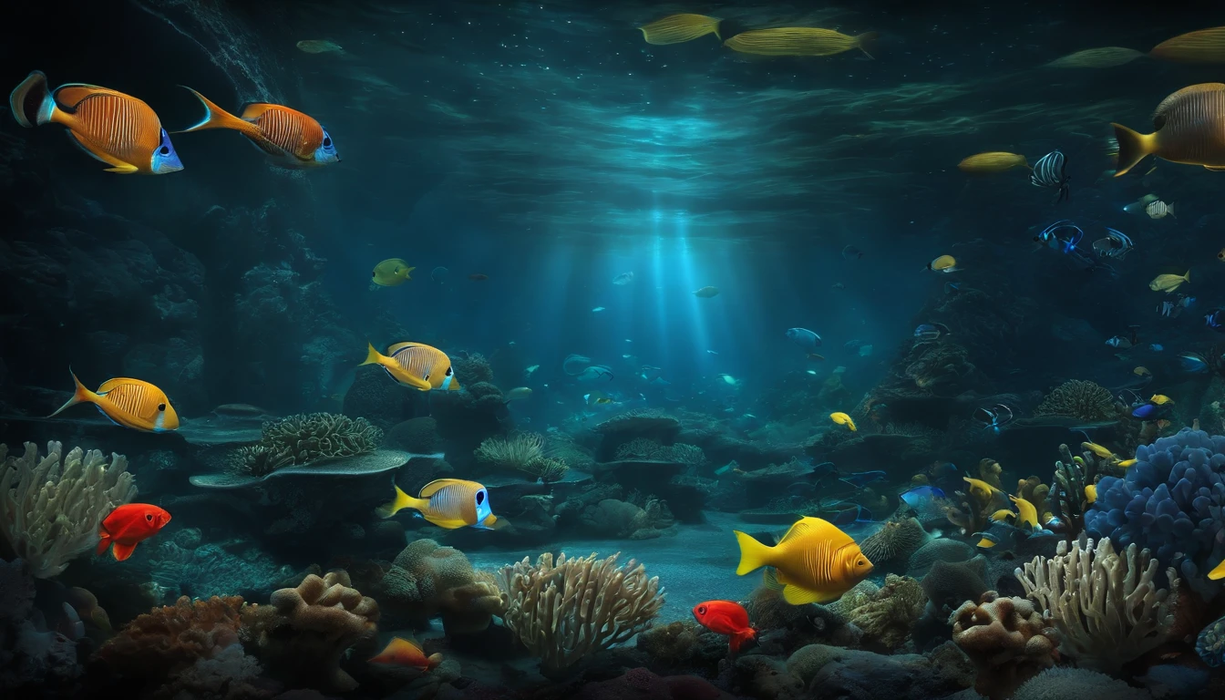 Dark night deep sea,Science fiction underwater world,Swim to schools of deep-sea fish in the distance,A variety of marine life,Collective,swirles,Splendid coral,The dark night underwater world of science fiction