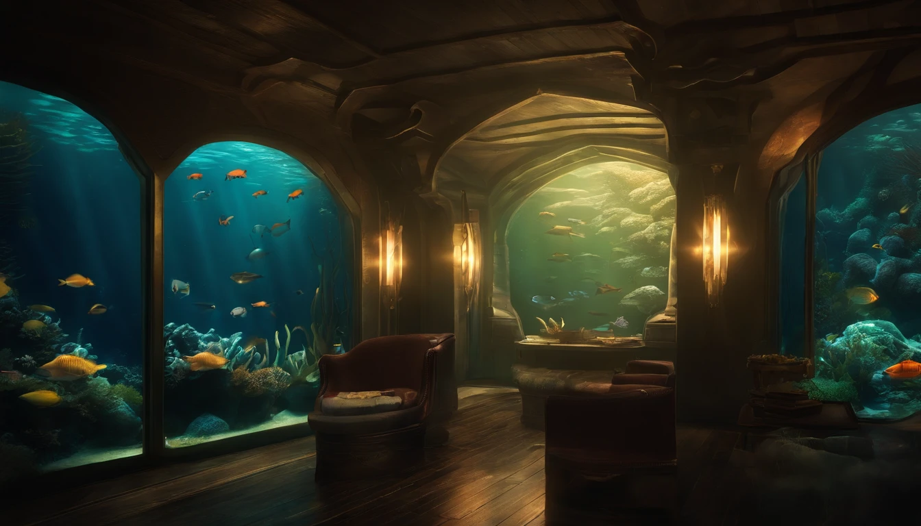 Dark night deep sea,Science fiction underwater world,Swim to schools of deep-sea fish in the distance,A variety of marine life,Collective,swirles,Splendid coral,The dark night underwater world of science fiction