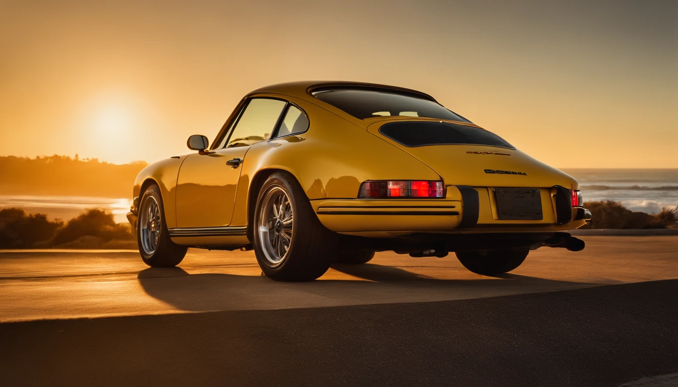 arafed yellow sports car parked on the side of the road near the ocean, vehicle photography, southern california, pch, long beach background, automotive photography, car photography, in a beachfront environment, top down perspective, roadster, the city of santa barbara, porsche gt 3 in hawaii city, inspired by Harry Haenigsen, golden hour in pismo california