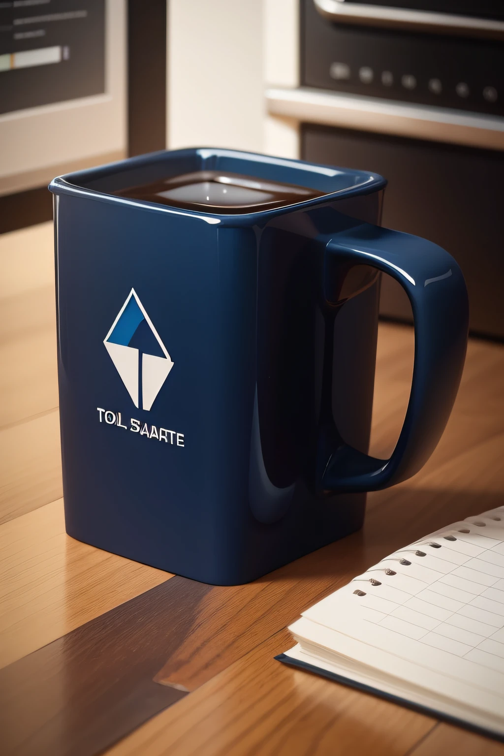 create a square dark blue cup, simulating a building, on one side, Total Company logo on the other