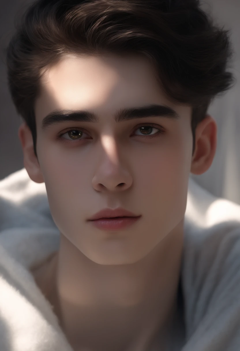 (best quality,4k,8k,highres,masterpiece:1.2),ultra-detailed,realistic,portrait,beautiful young man of 14 years old,black disheveled hair,black eyes,long eyelashes,cute face,white turtleneck