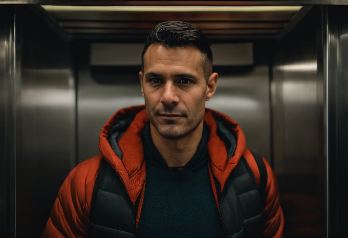 an 40 year old athletic man with dark hair, dark eyes, programmer, cold, hoodie, jacket, tie, shirt, in an elevator, short messy hair, buzzcut, (indonesian:0.5), (Australian:0.5),tech company, new york city, Photojournalism, 35mm, Depth of Field, Materiality