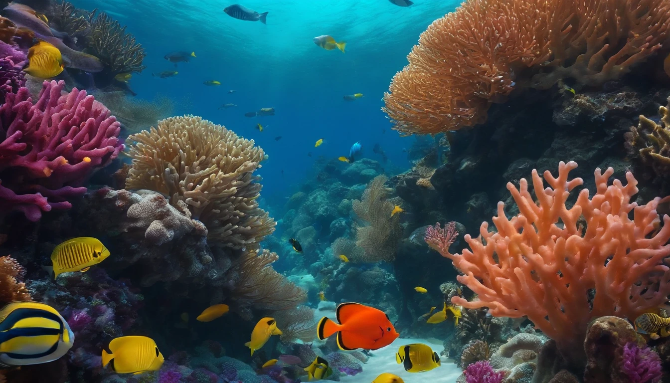 Swim to schools of deep-sea fish in the distance,Collective,swirles,Splendid coral,A dreamy underwater world