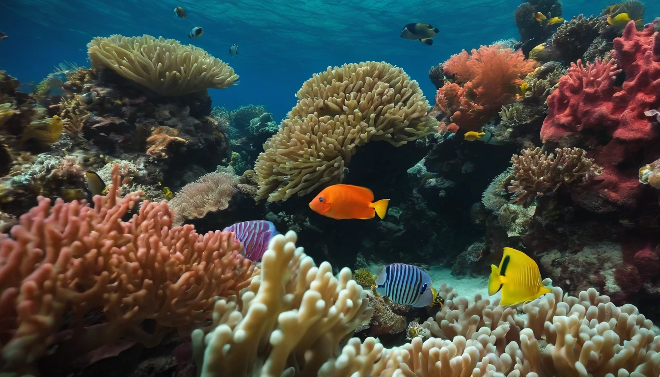 Swim to schools of deep-sea fish in the distance,Collective,swirles,Splendid coral,A dreamy underwater world