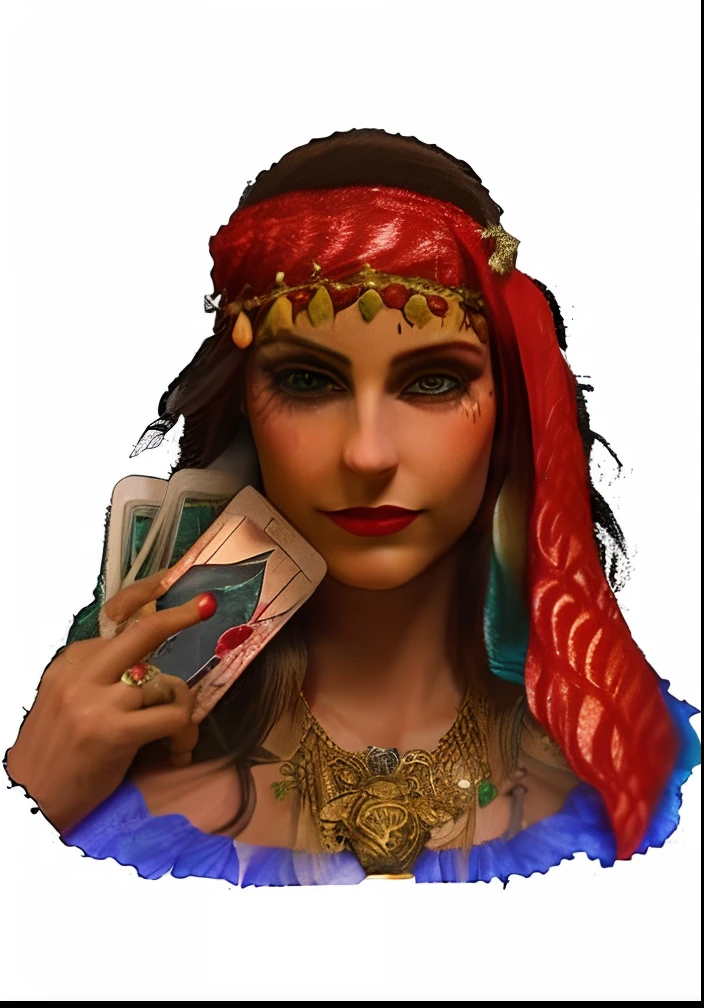 A closeup of a gorgeous woman holding a card in her hand, adivinho, mulher feiticeira, tarot cards characters, Retrato de uma feiticeira, humano :: feiticeira, feiticeira, portrait of bedouin d&d, Maga Feminina, cigano, Sacerdotisa, sacerdotisa, gothic maiden shaman, maga feminina de fantasia sombria