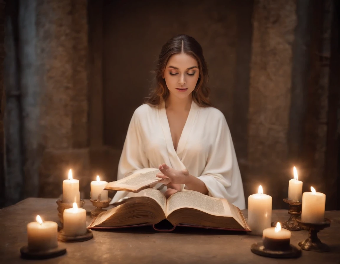 A beautiful and holy magical woman in a white robe raised her hand, A circle of magic books scattered on the ground, Magic books and candles are placed around, Seven mirrors at different angles just above, Gloomy picture, vision, Depth of field, divine light, film grain, Optical illusion, Vignetting, Renaissance, Pre-Raphaelite Brotherhood, High detail, Back Shadow