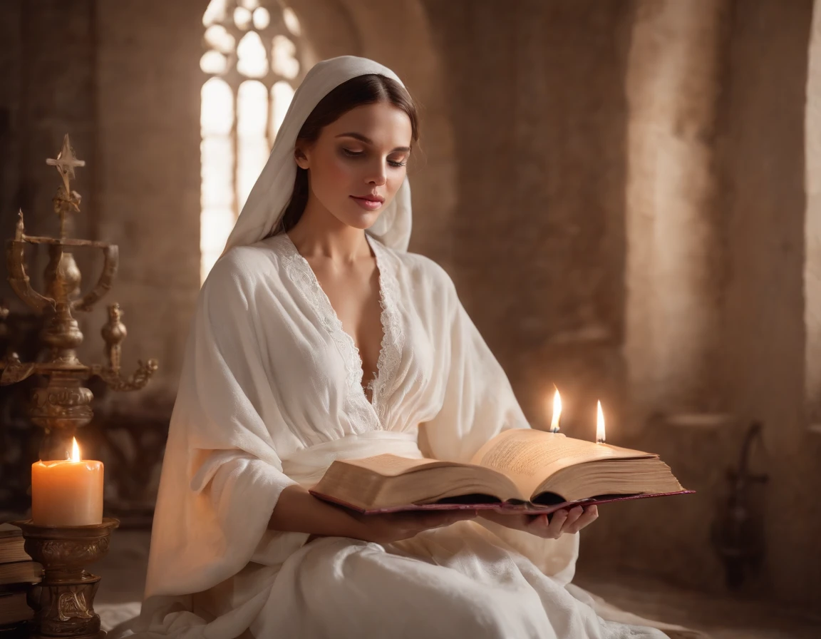 A beautiful and holy magical woman in a white robe raised her hand, A circle of magic books scattered on the ground, Magic books and candles are placed around, Seven mirrors at different angles just above, Gloomy picture, vision, Depth of field, divine light, film grain, Optical illusion, Vignetting, Renaissance, Pre-Raphaelite Brotherhood, High detail, Back Shadow