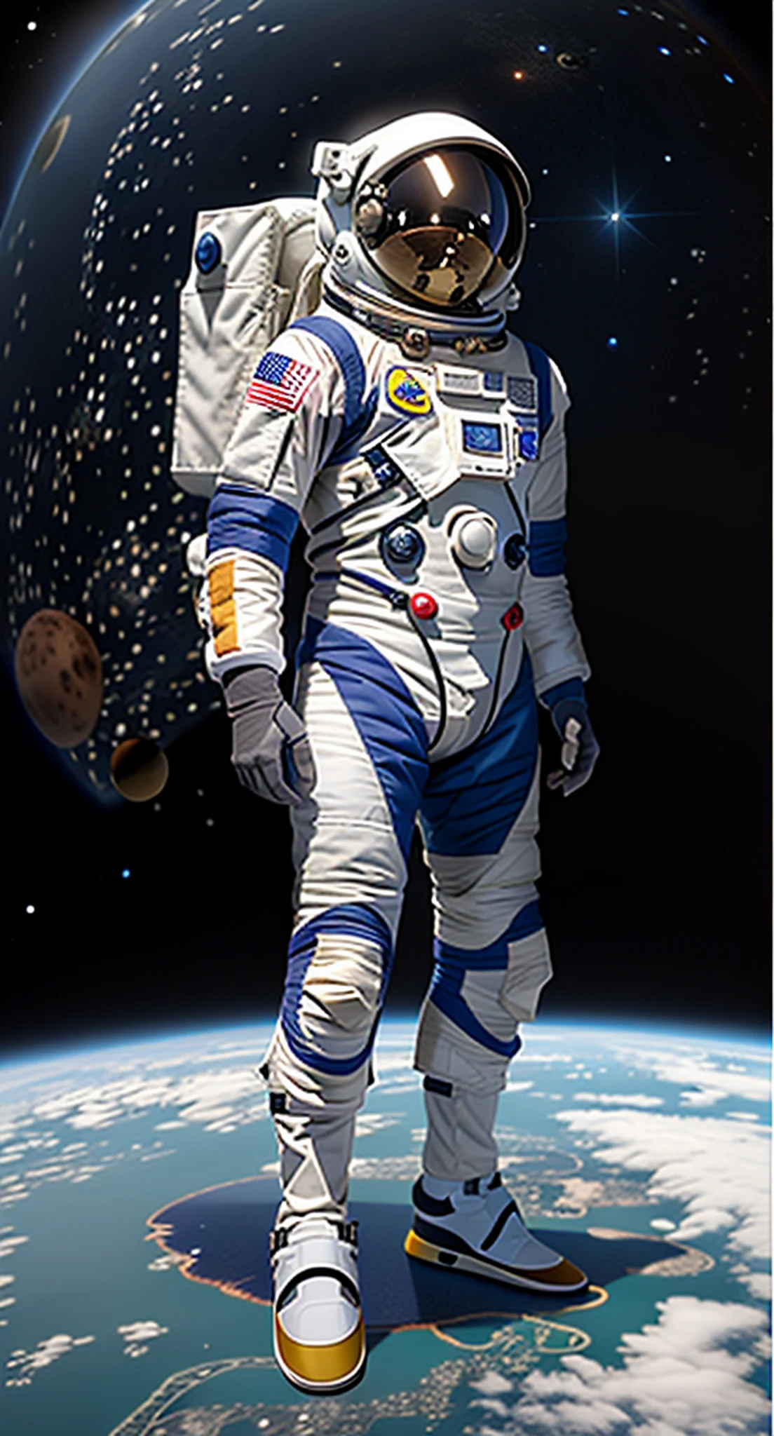 astronaut in space suit standing in front of a planet, interstellar space suit, futuristic spacesuit, spaceman standing looking, modern space suit, detailed space suit, spacesuit, astronaut standing looking, spacesuit with small led lights, dusty space suit, space suit with a modern helmet, science fiction space suit, nasa eva suit, astronaut walking, portrait of an ai astronaut