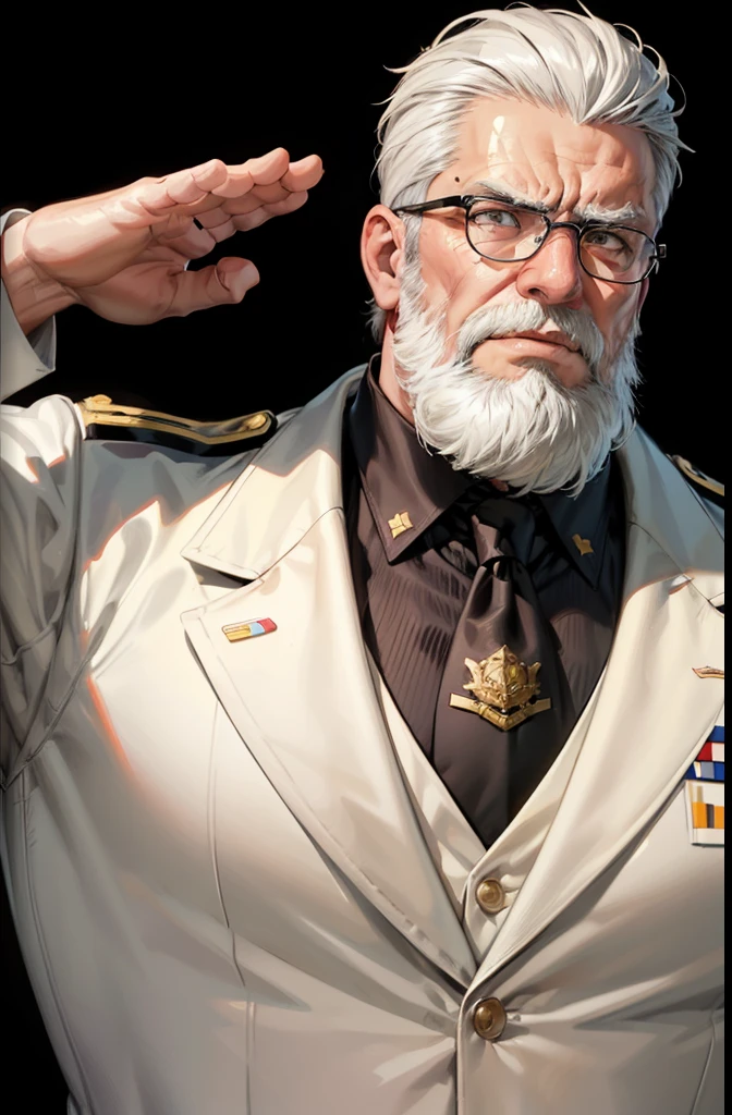 army commander, slightly fat, muscle,thick body, well rounded body,long black beard,short white hair, old man,wrinkle face,angry face, wear luxury white suit,glasses,black tie, army medals on chest,big chest,big bulge, powerful expression,right hand salute, standing, masterpiece, best quality, detailed, portrait