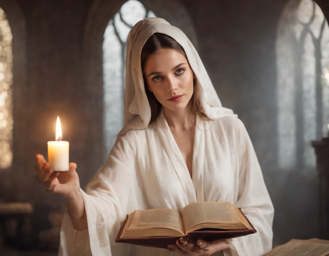 A beautiful and holy magical woman in a white robe raised her hand, A circle of magic books scattered on the ground, Magic books and candles are placed around, Seven mirrors at different angles just above, Gloomy picture, vision, Depth of field, divine light, film grain, Optical illusion, Vignetting, Renaissance, Pre-Raphaelite Brotherhood, High detail, Back Shadow