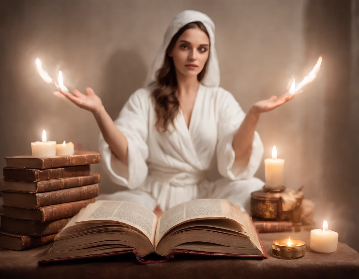 A beautiful and holy magical woman in a white robe raised her hand, A circle of magic books scattered on the ground, Magic books and candles are placed around, Seven mirrors at different angles just above, Gloomy picture, vision, Depth of field, divine light, film grain, Optical illusion, Vignetting, Renaissance, Pre-Raphaelite Brotherhood, High detail, Back Shadow