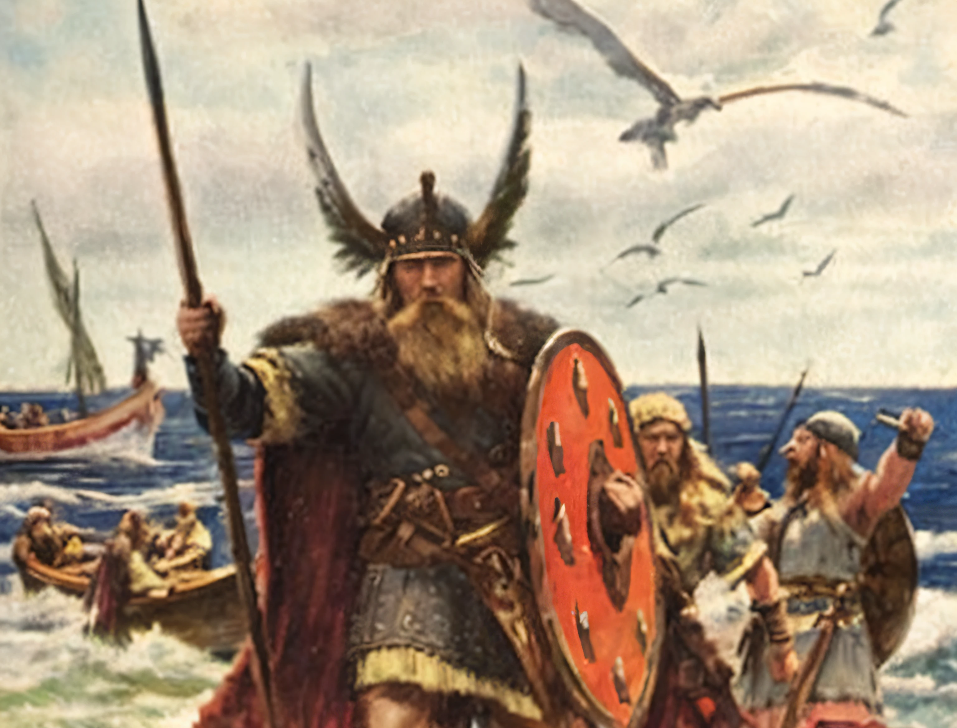 a painting of a Viking on a boat with a spear and a shield, Cultura Viking, guerreiro Viking, norse warrior, Rei Viking, nordic mythology, estilo Viking, viking heaven, Viking Berserker, an epic viking battle scene, usando roupas VIQUINGUES, wearing norse armor