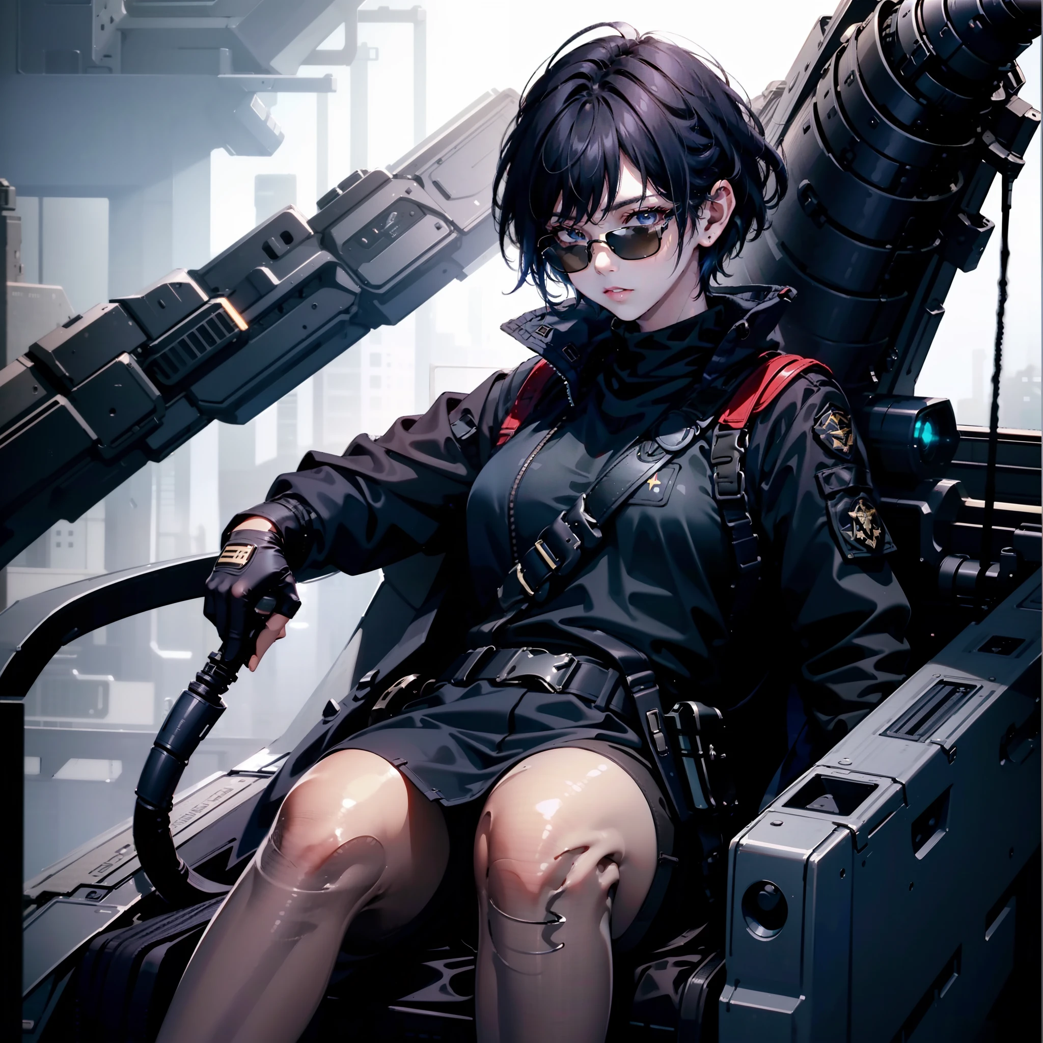 1woman, cool, short dark blue hair, pixie cut, dark brown eyes, sci fi, small eyes, sunglasses, light skin, wearing completely black military uniform as cape, tank top, isolated on completely pitch black background, high res, ultrasharp, 8K, masterpiece, looking at viewer, HDR, sharp focus, absurdres, bokeh