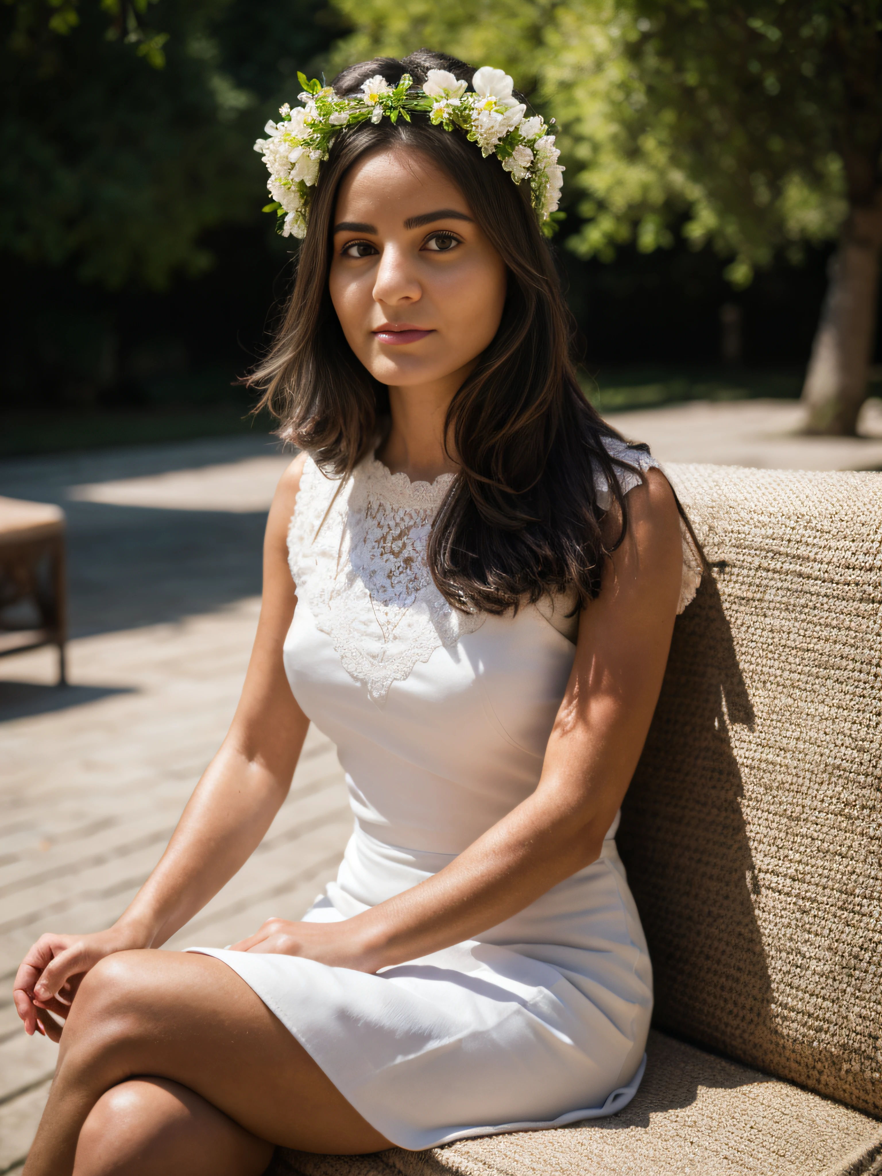 RAW, analogue, Nikon Z 85mm, award-winning glamor photography,((best quality)), ((masterpiece)), ((realistic)), 18th century, vintage image, beautiful woman wearing semi sheer lace dress, wearing a flower crown, 35 years old, brown eyes, sitting outside a cafe in Paris, Eiffel tower in the background, petite, innocent , flower pedals in the air, intricate details, highly detailed, sharp focus, professional, 4k, spring flowers blooming, divine rays, hand model, dazzling eyes, small, delicate, innocent, high resolution, detailed facial features, high detail , sharp focus, smooth , aesthetic, extremely detailed, photo_\(ultra\), photorealistic, realistic, post-processing, maximum details, roughness, real life, ultra realistic, photorealism, photography, 8k uhd, photography, light SEMI-SILHOUETTE