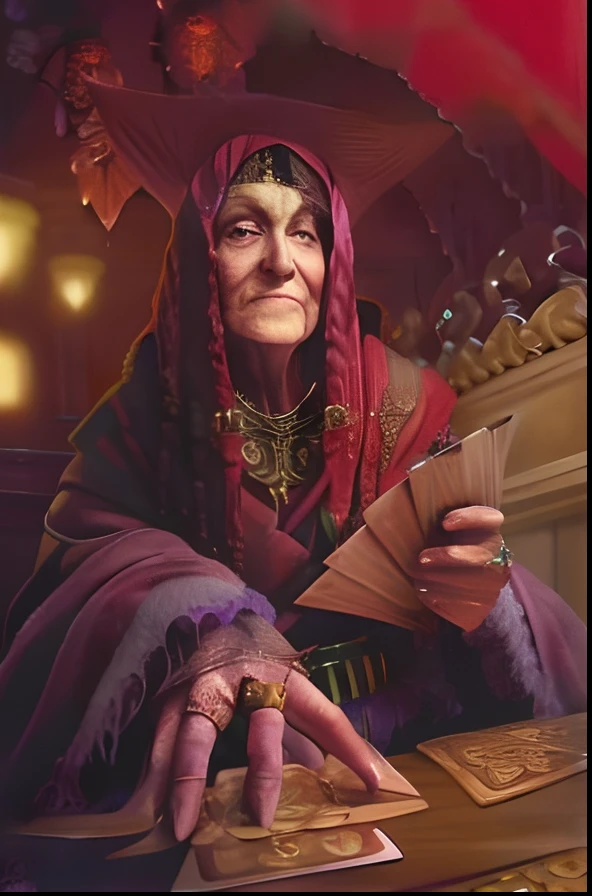 a painting of a woman in a purple robe holding a card, granny weatherwax, Retrato de um Mago, adivinho, adivinho, the oracle of the mayan elders, Da magia o encontro, retrato closeup de um mago, Magia a Feiticeira Reunindo, dressed as an oracle, Arte do Jogo de Cartas de Fantasia, Directed by: Jason Felix, The Oracle of Ancient Wisdom