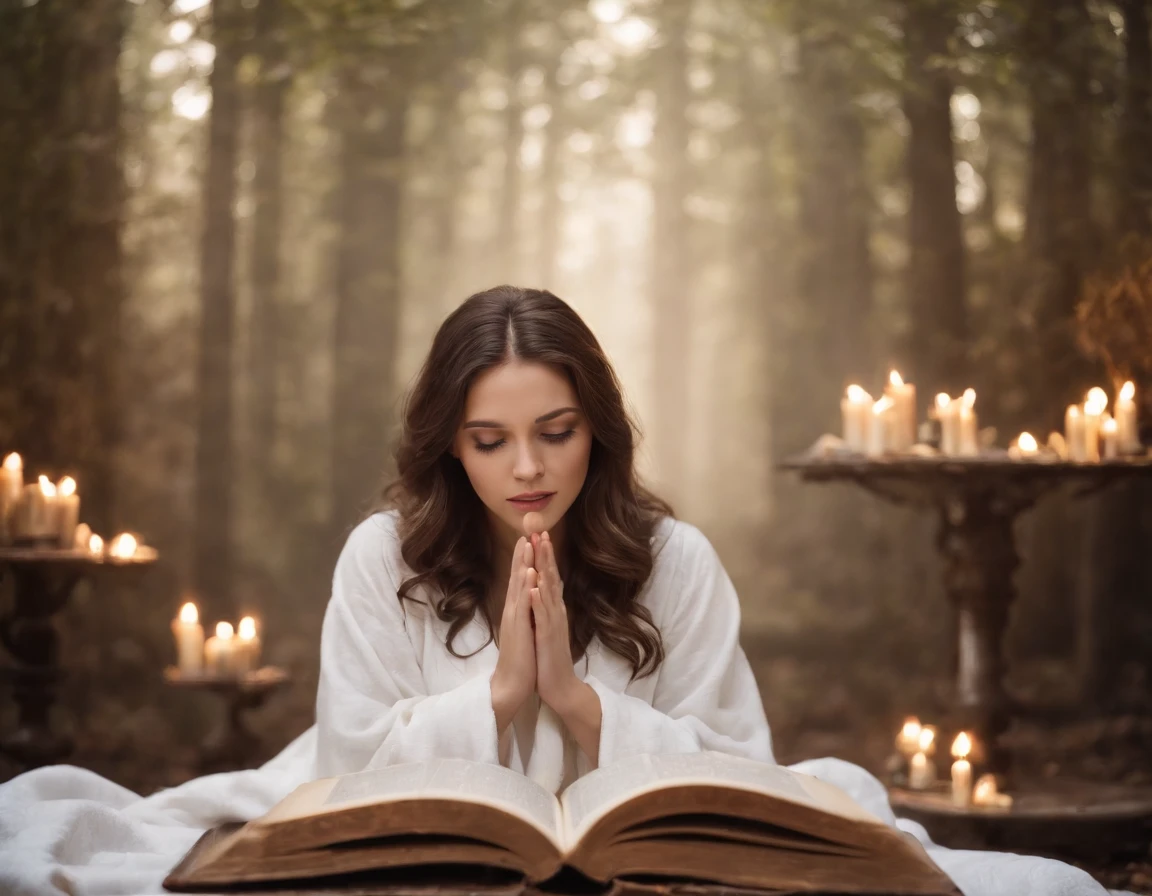 A beautiful and holy magical woman, looking forward in a white robe raising her hand, A circle of magic books scattered on the ground, Magic books and candles placed around, Seven mirrors at different angles just above, Gloomy picture, vision, Depth of field, divine light, film grains, Optical illusion, Vignetting, Renaissance, Pre-Raphaelite Brotherhood, High detail, Back Shadow