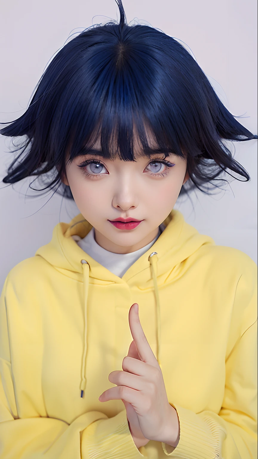 a close up of a person with long hair and a hoodie, hinata hyuga, hinata hyuga from naruto, from naruto, as an anime character, perfect anime face, she has dark blue hair with bangs, female anime character, anime character, anime best girl, hime cut hairstyle, dark blue hair, (red glossy lips:1.3), light purple eyes, big breasts, realistic, ultra detail, indoor background