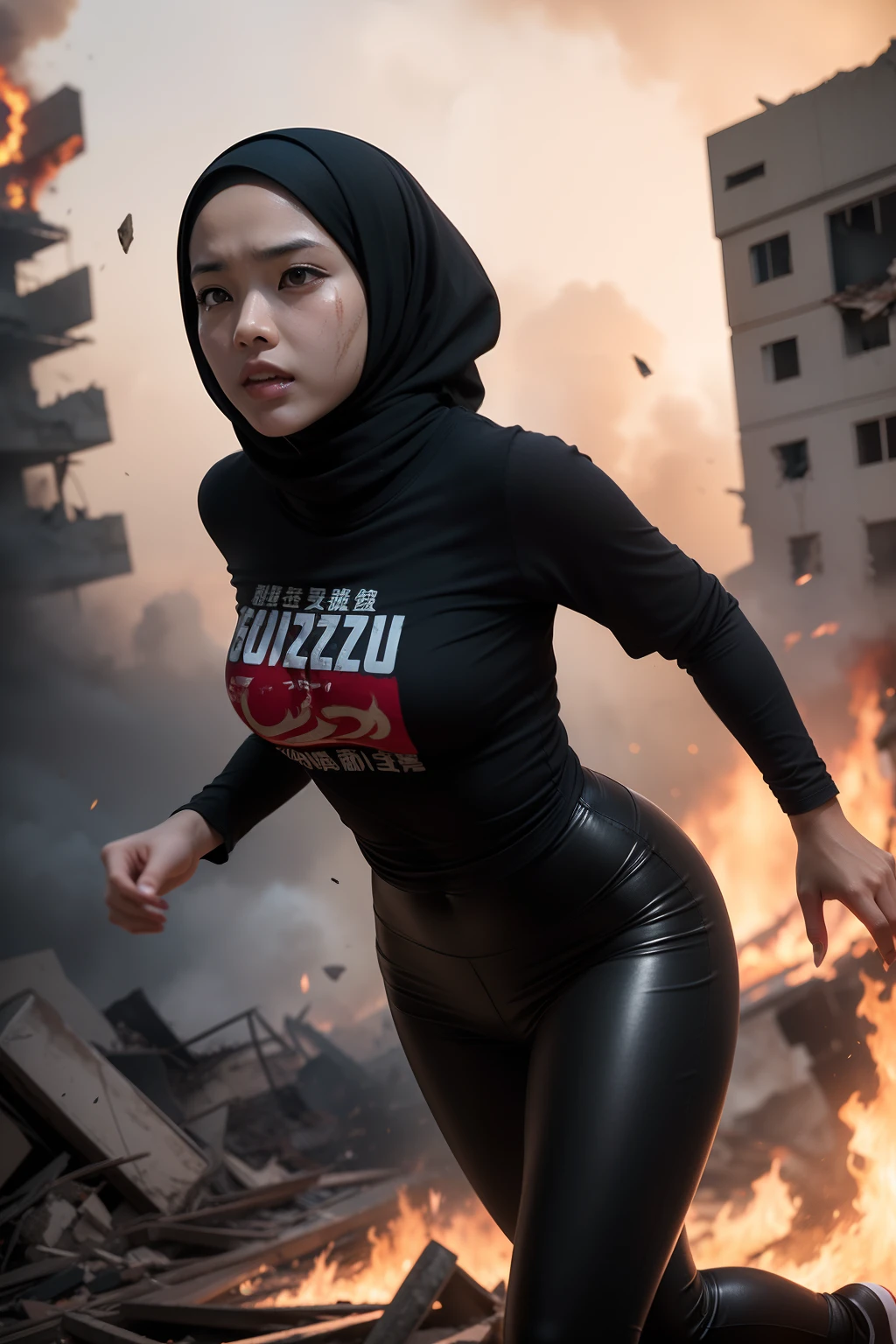 The heroine of the movie "GODZILLA Godzilla". A malay woman in hijab desperately fleeing from Godzilla in a devastated Los Angeles, hijab disheveled, tshirt stained, leggings torn, running through rubble. Crumbling buildings, burning flames, white skin, smooth skin, stunningly beautiful face, detail, photorealistic, 8K.
