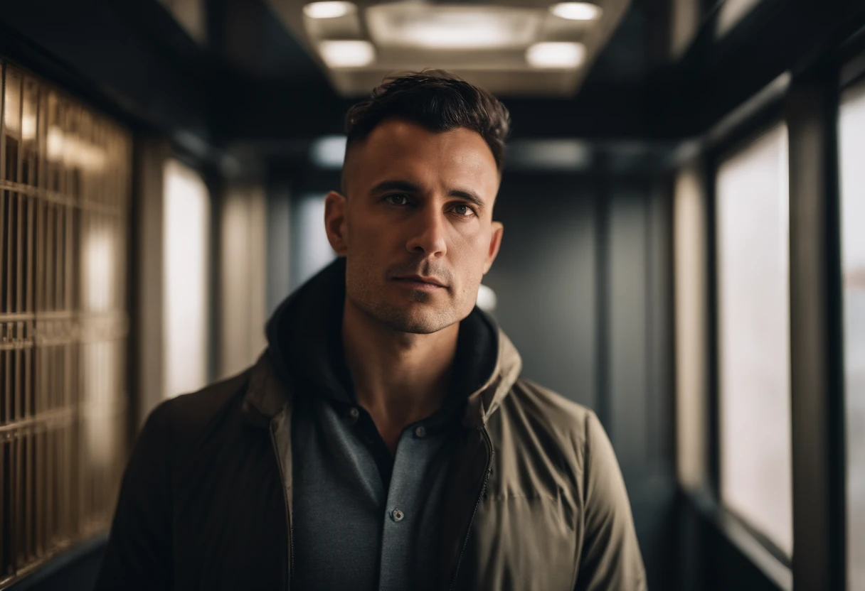 an 40 year old athletic man with dark hair, dark eyes, programmer, cold, hoodie, jacket, tie, shirt, in an elevator, short messy hair, buzzcut, (indonesian:0.5), (Australian:0.5),tech company, new york city, Photojournalism, 35mm, Depth of Field, Materiality