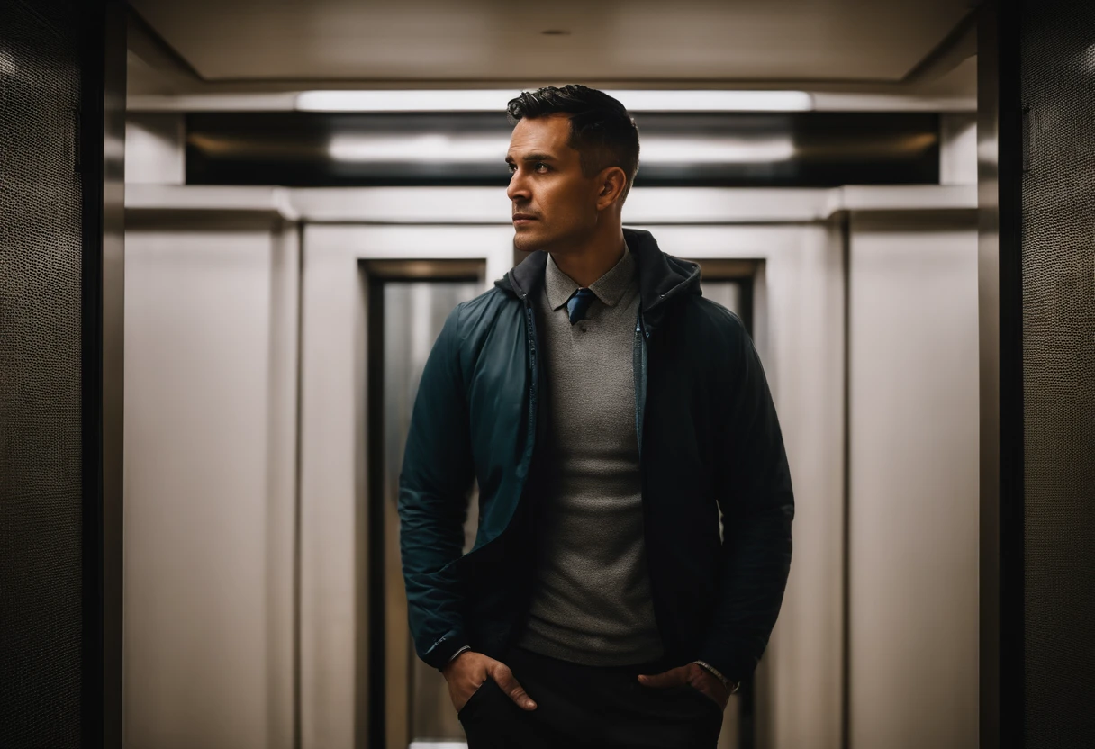 an 40 year old athletic man with dark hair, dark eyes, programmer, cold, hoodie, jacket, tie, shirt, in an elevator, short messy hair, buzzcut, (indonesian:0.5), (Australian:0.5),tech company, new york city, Photojournalism, 35mm, Depth of Field, Materiality