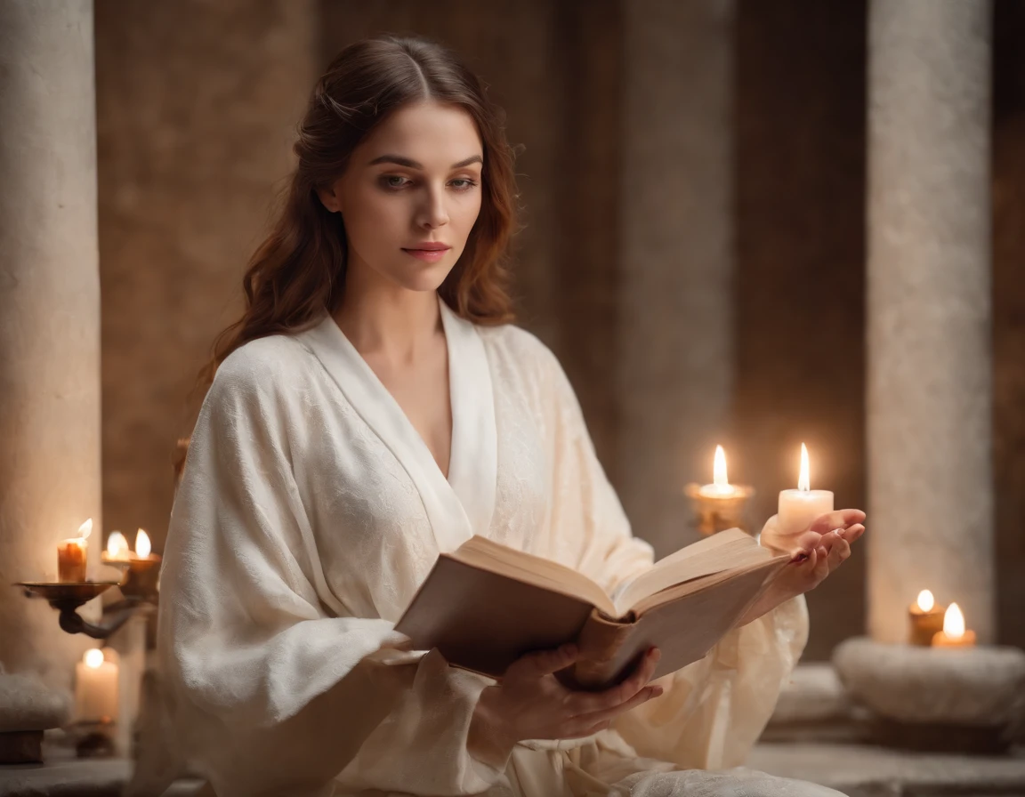 A beautiful and holy magical woman, looking forward in a white robe raising her hand, A circle of magic books scattered on the ground, Magic books and candles placed around, Seven mirrors at different angles just above, Gloomy picture, vision, Depth of field, divine light, film grains, Optical illusion, Vignetting, Renaissance, Pre-Raphaelite Brotherhood, High detail, Back Shadow