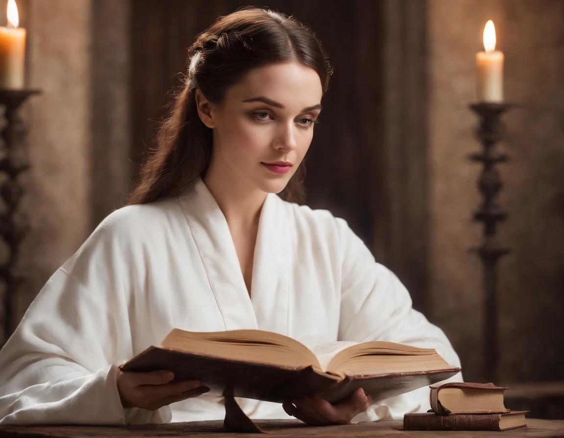 A beautiful and holy magical woman, looking forward in a white robe raising her hand, A circle of magic books scattered on the ground, Magic books and candles placed around, Seven mirrors at different angles just above, Gloomy picture, vision, Depth of field, divine light, film grains, Optical illusion, Vignetting, Renaissance, Pre-Raphaelite Brotherhood, High detail, Back Shadow