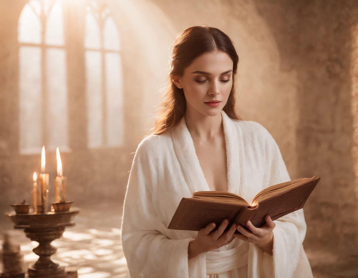 A beautiful and holy magical woman, looking forward in a white robe raising her hand, A circle of magic books scattered on the ground, Magic books and candles placed around, Seven mirrors at different angles just above, Gloomy picture, vision, Depth of field, divine light, film grains, Optical illusion, Vignetting, Renaissance, Pre-Raphaelite Brotherhood, High detail, Back Shadow