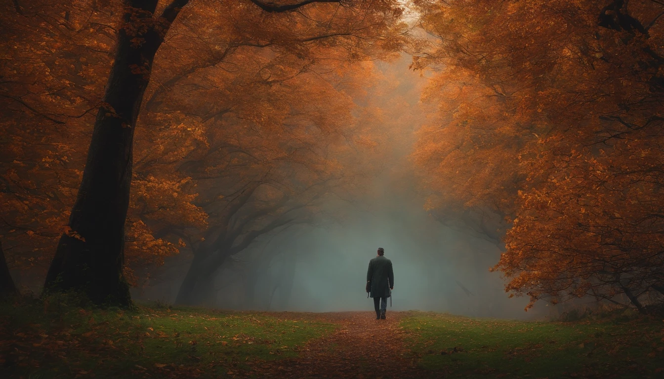 um campo florido com um explorador no meio olhando para cima, with leaves of trees falling from the skies around him.