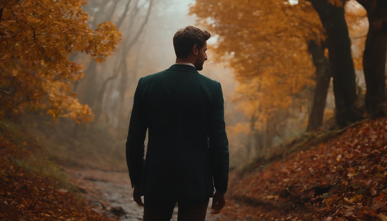 um campo florido com um explorador no meio olhando para cima, with leaves of trees falling from the skies around him.