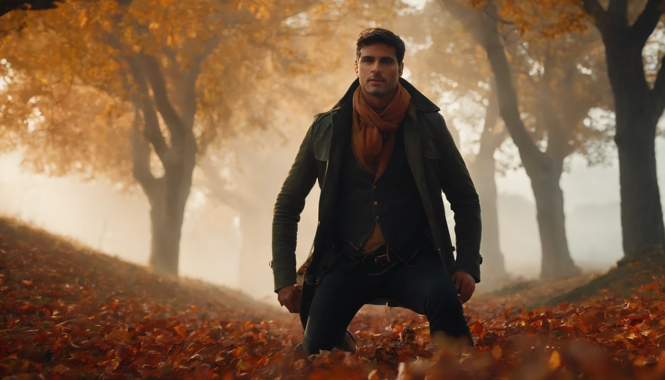 um campo florido com um explorador no meio olhando para cima, with leaves of trees falling from the skies around him.