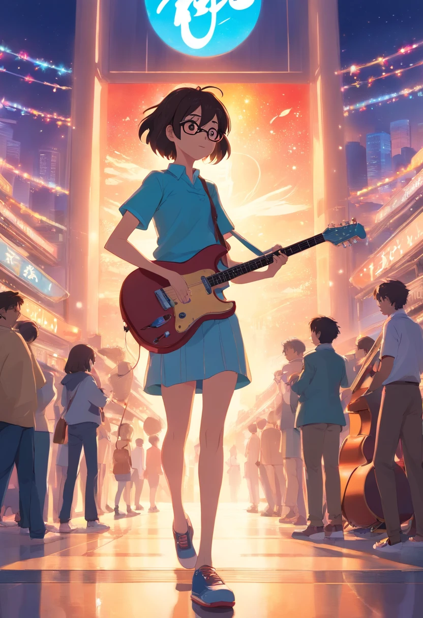 Manhwa Style,Rock puppy,Trendy clothing,wears dark glasses,plays the guitar,Madness,Fluttering musical symbols,ball room,crowd of,8K,super-fine,full bodyesbian,best qualtiy,Disney animation,style of disney animation,Disney animated film art,独奏