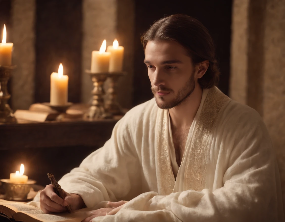 pretty young wizard in white robe, holy face, Circle of magic books scattered on the ground, Magic books and candles placed around him, Seven mirrors at different angles directly above, Gloomy image, vision, Depth of field, divine light, grain film, Optical illusion, Sketch, Renaissance, Pre-Raphaelite Fraternity, High detail, Back Drawing
