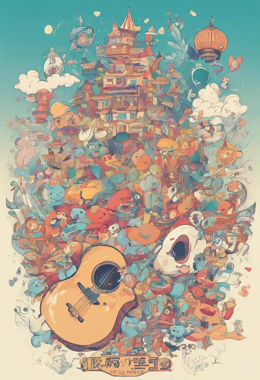 Manhwa Style，Rock puppy，Trendy clothing，wears dark glasses，plays the guitar，Madness，Fluttering musical symbols，ball room，crowd of，8K，super-fine，full bodyesbian，best qualtiy，Disney animation，style of disney animation，Disney animated film art，独奏