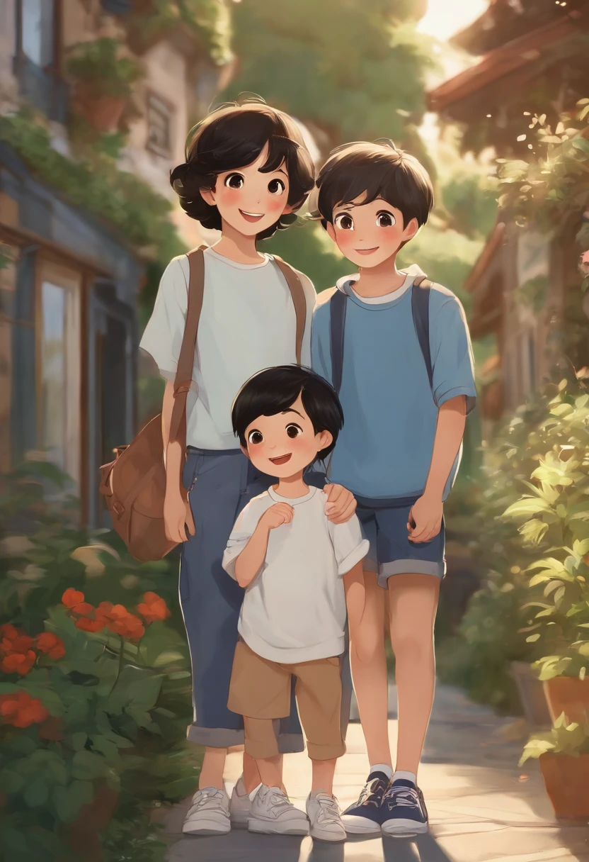 Two happy boys and a girl standing on the sidewalk, taking full-body photos and laughing happily. The boy wore a short blue sweatshirt, blue sneakers, and the girl wore a white sweatshirt, jeans, white sneakers, black hair, a house, flower, Hayao Miyazaki and other small animals. A happy boy with a round face, big, long eyes, sunset and sunset,