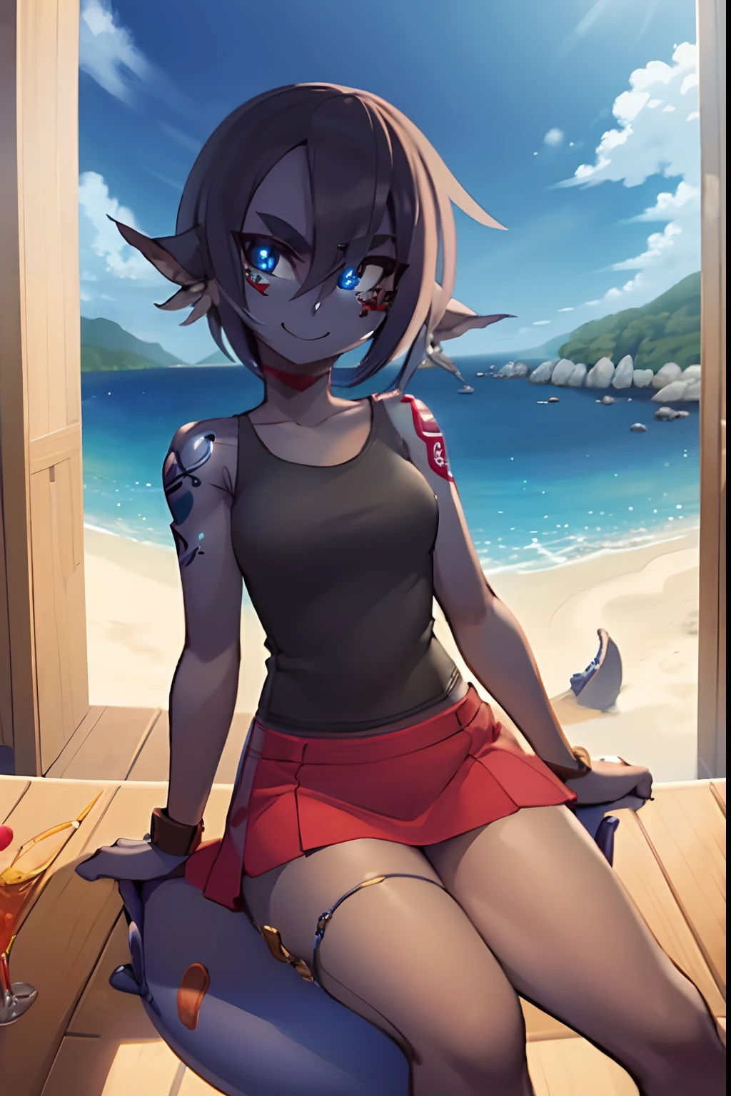 1girl, red skin, masterpiece, best quality, short hair, (tail), smile, bar, sitting on chair, table, pov, looking at viewer, elbow on table hand on cheek, sword behind back, tattoo, tank top,