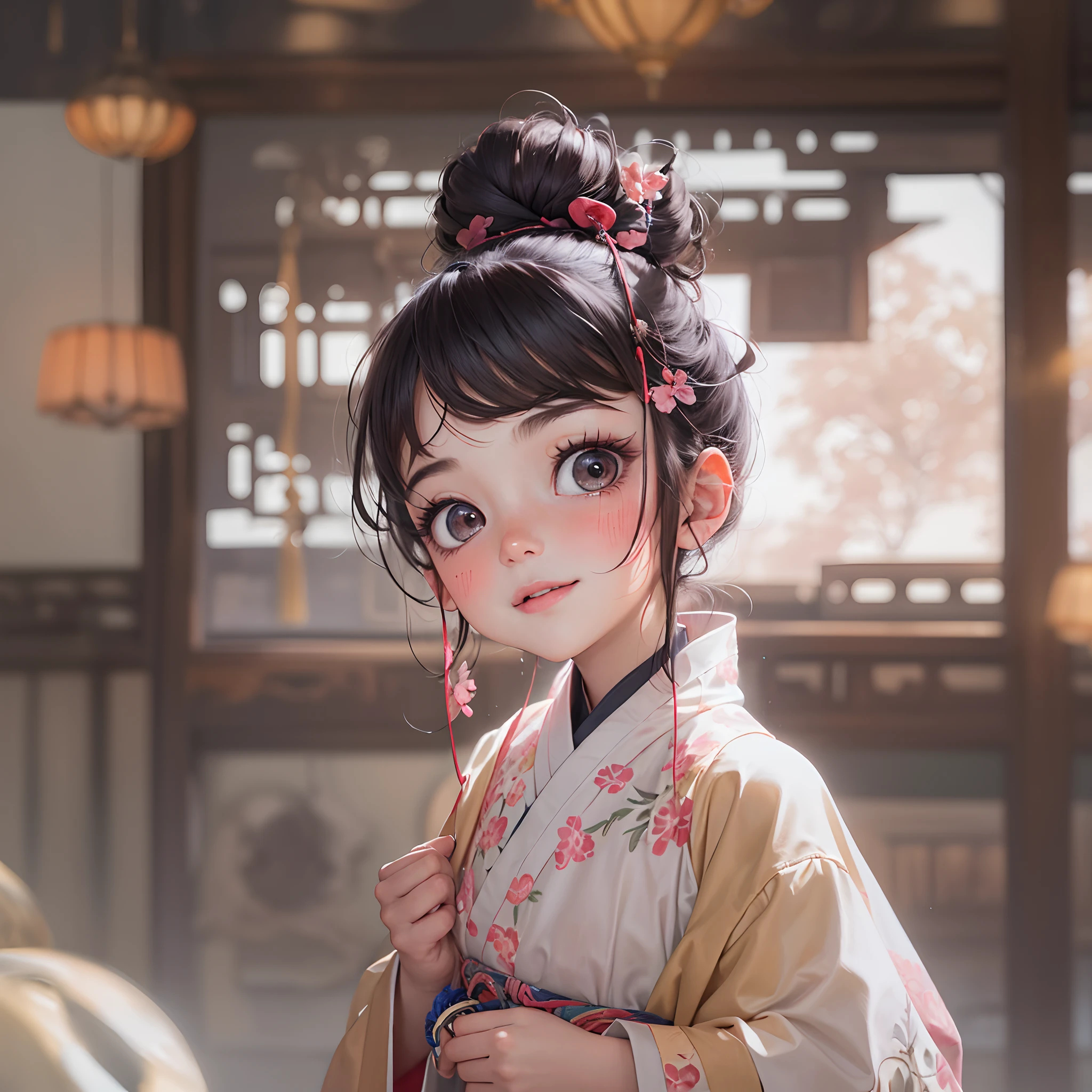 Cosy room,Chinese-style rooms,a girl,wearing a hanfu,Delicate facial features,The skin is delicate and rosy,Black colored eyes,with short black hair,Tie your hair into a bun,ssmile,(Blink an eye:1.6),(Grimacing:1.4),Playful expression,(One hand drags his chin:1.6),tmasterpiece,A high resolution,high detal,3Drenderingof