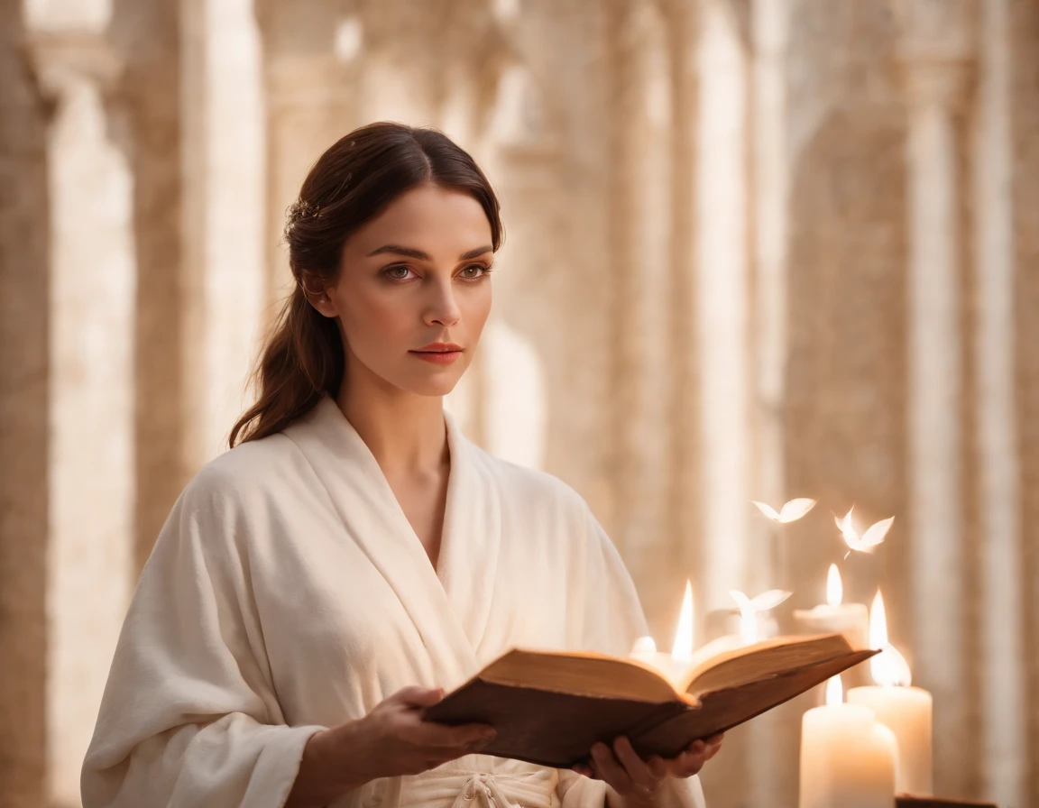 A beautiful and holy magical woman, looking forward in a white robe raising her hand, A circle of magic books scattered on the ground, Magic books and candles placed around, Seven mirrors at different angles just above, Gloomy picture, vision, Depth of field, divine light, film grains, Optical illusion, Vignetting, Renaissance, Pre-Raphaelite Brotherhood, High detail, Back Shadow