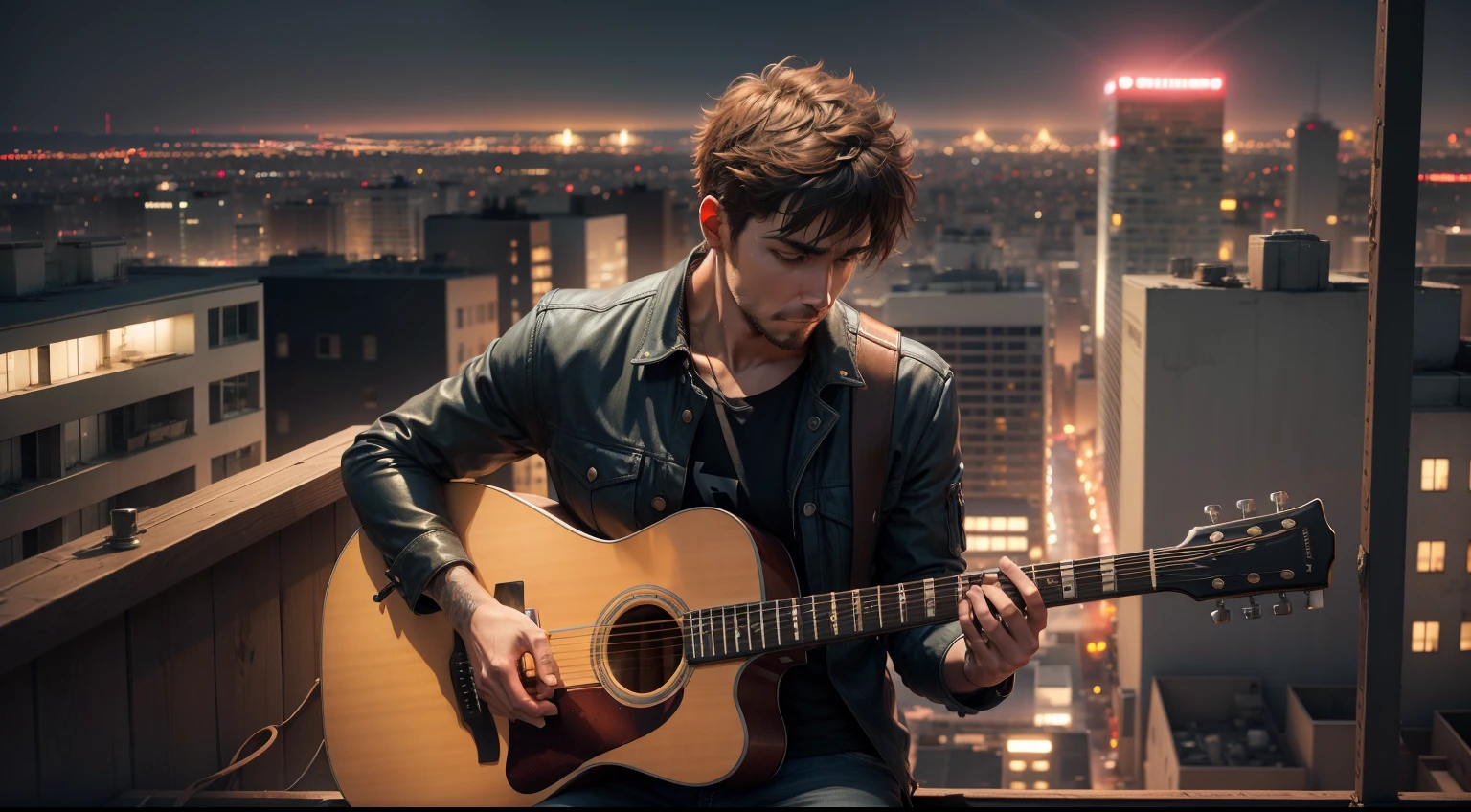 A man setting at roof, beer, guiter, city in the front