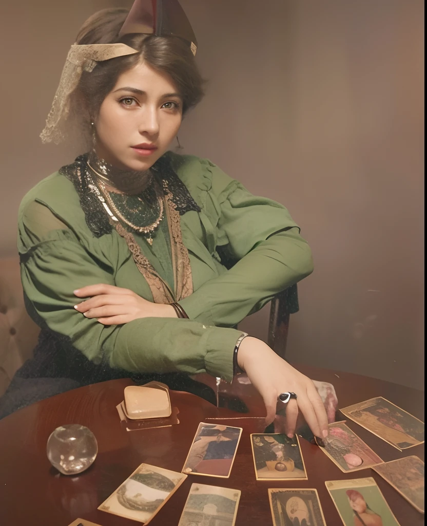 mulher arafed sentada em uma mesa com uma mesa de cartas, adivinho, Bela Stella Maeve Magician, Maga Feminina, old-fashioned tarot card, as a tarot card, tarot style, gorgeous stella maeve magician, hand - tinted, early 1 9 0 0's, Orientalismo dos anos 1920, Imagem dos anos 1900 fotorrealista, foto, obra-prima, realista, realismo, fotorrealismo, alto contraste, Trending photorealistic digital art in Artstation 8k HD high definition detailed realistic,  detalhado, textura da pele, hiper detalhado, textura de pele realista, armadura, melhor qualidade, ultra high-resolution, (fotorrealista: 1.4), alta resolução, detalhado, tiro bruto, sharp re, por lee jeffries Nikon D850 Filme Fotografia de Stock 4 Kodak Portra 400 Lente F1.6 Rich Colors Texture Realistic Dramatic Texture Dramatic Lighting Irrealengine Trend at Artstation Cinestill 800