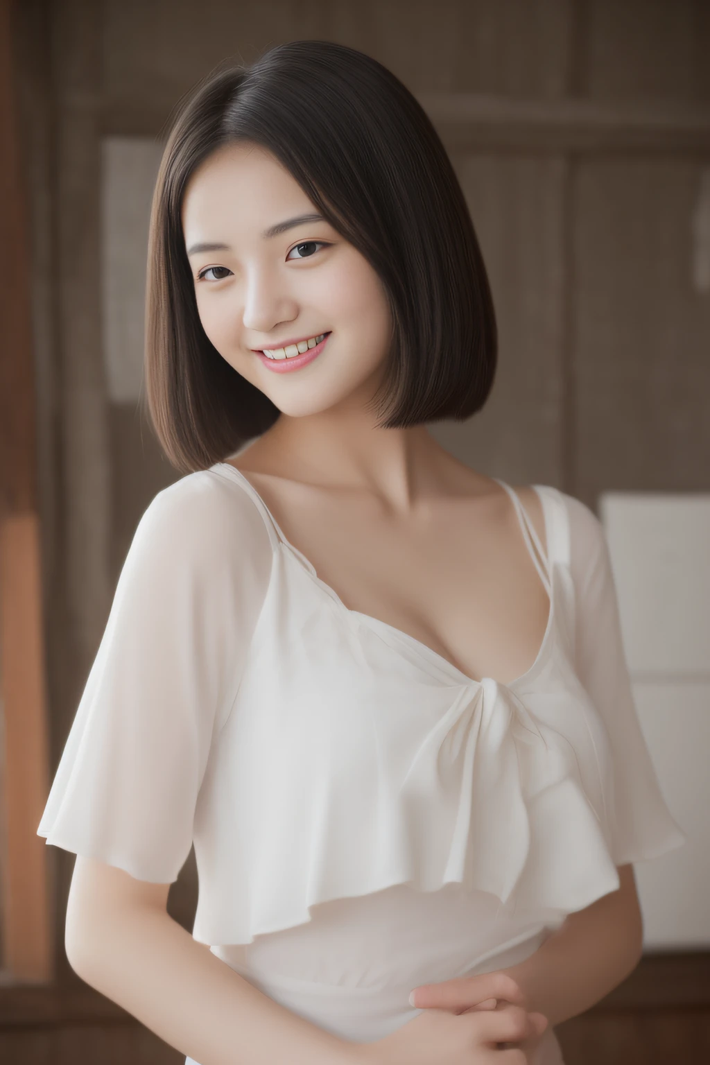 ((8k:1.27、top-quality、​masterpiece、超A high resolution:1.2))、 A cute Japanese woman, in her 20s、(Beautiful fece:1.1)、1girl、High School Teacher、White blouses、a miniskirt、Charming erotic panties、(a large bust:1.5)、cleavage of the breast、Seductive hips,Dark hair、Clear black eyes、short-hair、Beautuful Women、High School Classroom、early evening、A seductive smile、Beautiful skin、Wonderfully beautiful limbs、Hand 5 fingers、profetional lighting、Professional filming、