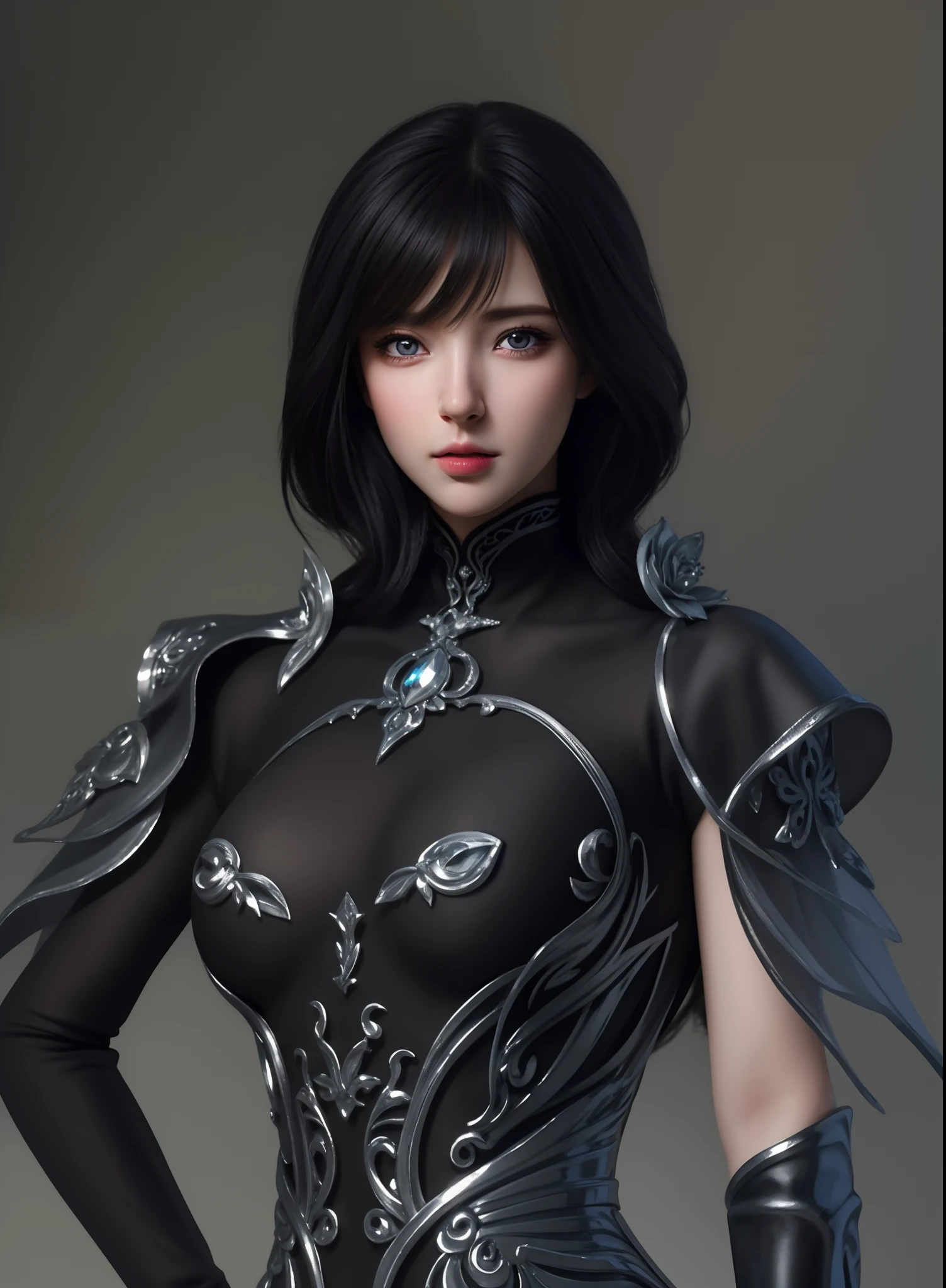 (hyperrealistic), (illustration), (high resolution), (8K), (extremely detailed), (best illustration), (beautiful detailed eyes), (best quality), (ultra-detailed), (masterpiece), (wallpaper), (photorealistic), (natural light), (rim lighting), (detailed face), (high detailed realistic skin texture), (anatomically correct), (solo), (1 girl), (high detailed realistic hair), (black hair:1.2), (heterochromic eyes), (detailed eyes), (sparkling eyes), (small moles under the eyes), (realistic big breasts:1.5), (exposed nipple breasts:1.3), (long legs), (slender abs), (dynamic pose), (closed tiny mouth:1.3), nsfw,