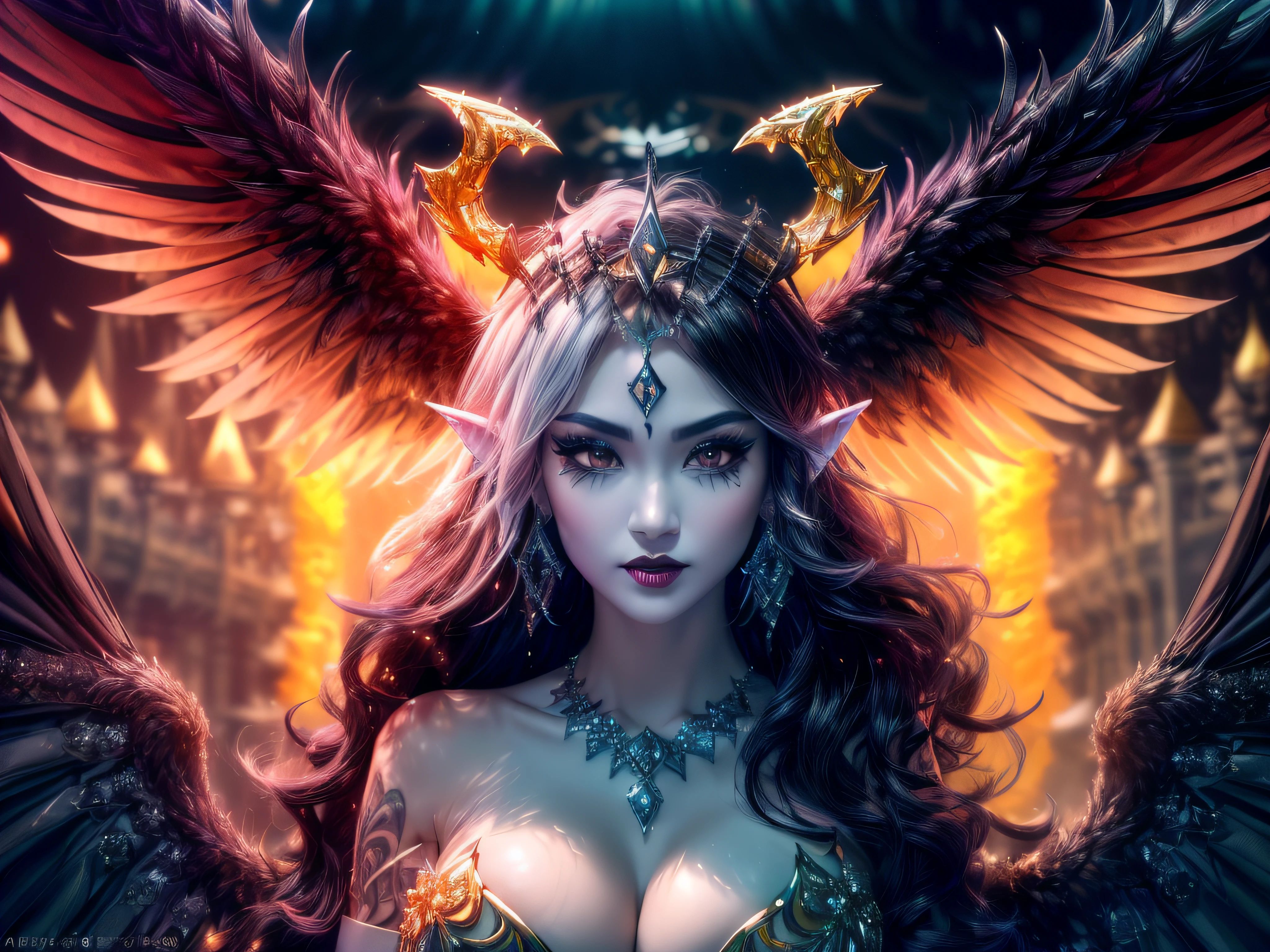 (fallen angel bathing in a dark cave emitting a dazzling light,underground lake:1.9, ghosts reaching out for her, darkness:1.7, high angle shoot, clear transparent water:1.8, bent leg, laying in water, wet skin:1.8, crystals:1.5, jewelry stones, elven ears:1.5),( Cinematic Lightning, Anti-Aliasing, FKAA, TXAA, RTX, SSAO, Post Processing, Post Production, Tone Mapping, CGI, VFX, SFX, Insanely detailed and intricate, Hyper maximalist, Hyper realistic, Volumetric, ultra photoreal, ultra-detailed, intricate details, Super detailed, Full color, Volumetric lightning, HDR, Realistic, Unreal Engine, 16K, Sharp focus, octane render, neck chains, castle, detailed background, Beautifully color graded,  DOF, Super-Resolution, Megapixel, Fujifilm XT3, dslr, Lens),( demon horns:1.8, massive breasts:1.7, white hair: 1.8,ombre hair, multicolored hair, black hair:1.2,angelic halo, black feather wings:1.8, white fur coat, golden metal armor,golden jewelry, blood red lingerie, episch,  Beautiful charm,Magic red Glowing Eyes:1.9, slit eyes,Gorgeous Long Curly Hair:1.3), (Extrem detailliertes Auge:1.4), (Beautiful face:1.3),（emotional expression:1.8,expressive eyes, intense stare into camera, open mouth, half closed eyes: 1.7, heavy blushing:1.8, legs spread:1.8,tribal tattoos:1.8, lust tattoo on womb）、(Diamond intricate earrings:1.2), ((black lipstick), make - up:1.1),perfect eyes:1.7, add_detail:1, sheer loincloth,