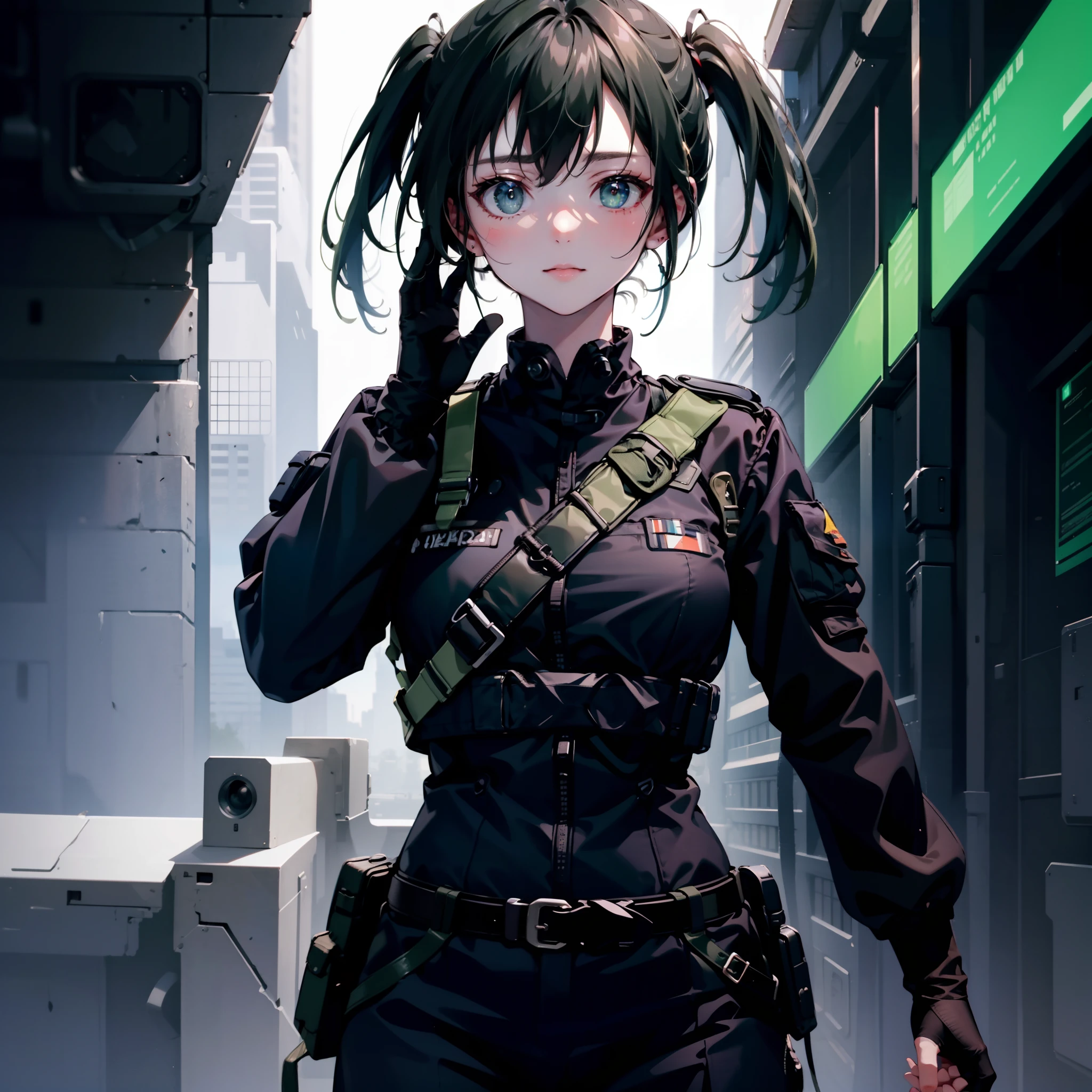 1woman, dark green hair, sci fi, small eyes, wearing completely black military uniform, isolated on completely pitch black background, high res, ultrasharp, 8K, masterpiece, looking at viewer, HDR, sharp focus, absurdres, bokeh