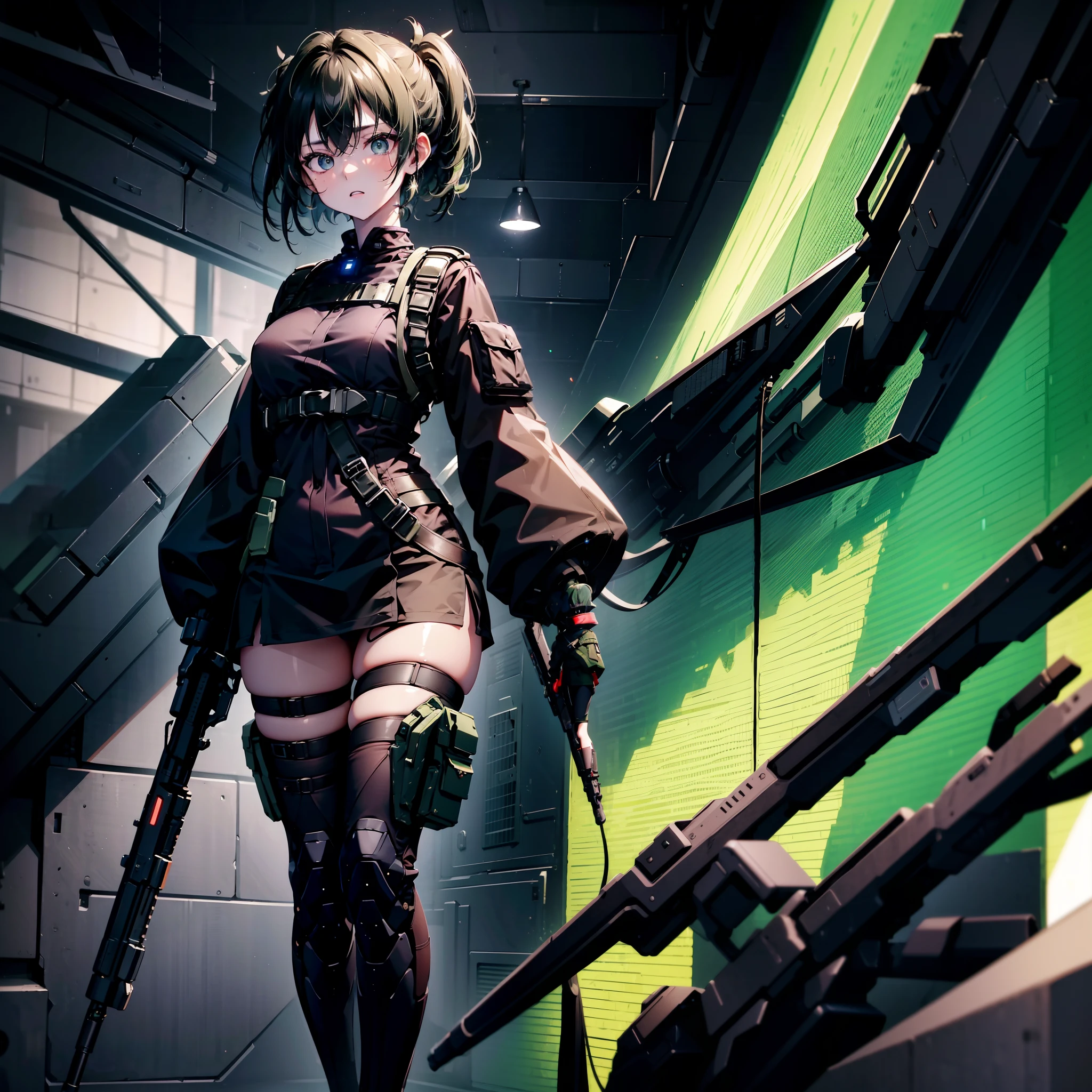 1woman, dark green hair, sci fi, small eyes, wearing completely black military uniform, isolated on completely pitch black background, high res, ultrasharp, 8K, masterpiece, looking at viewer, HDR, sharp focus, absurdres, bokeh